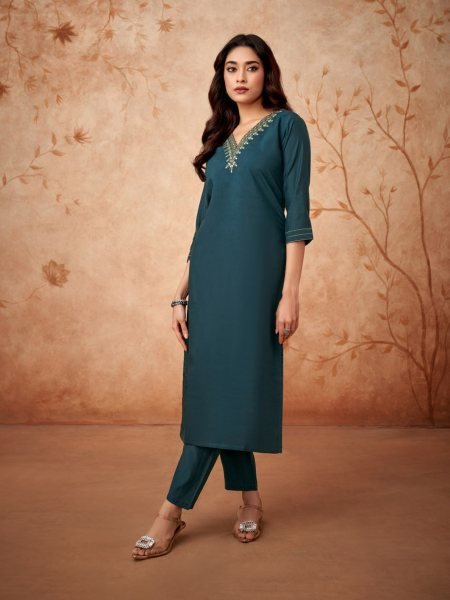 Designer V Neck Chanderi Viscose Kurti Pant With Dupatta  3 Piece Kurti Set