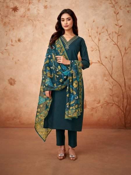 Designer V Neck Chanderi Viscose Kurti Pant With Dupatta  3 Piece Kurti Set