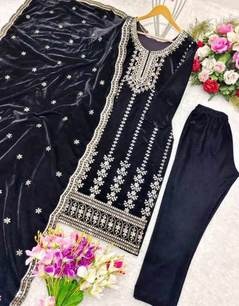 Designer Velvet Top-Pant Dupatta Set with Sequin Embroidery Ready To Wear Collection