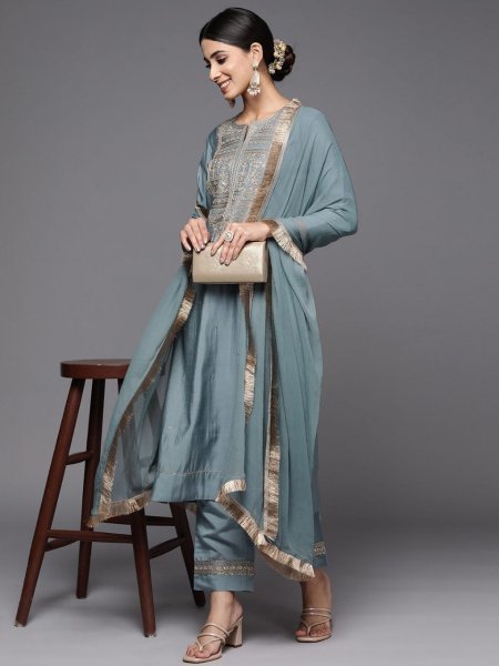 Designer Viscose Chanderi Kurti Pant And Dupatta With Embroidery Work 3 Piece Kurti Set
