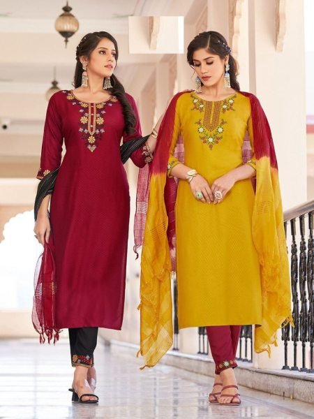Designer Viscose Dobby With Embroidery Work Kurti Set  3 Piece Kurti Set