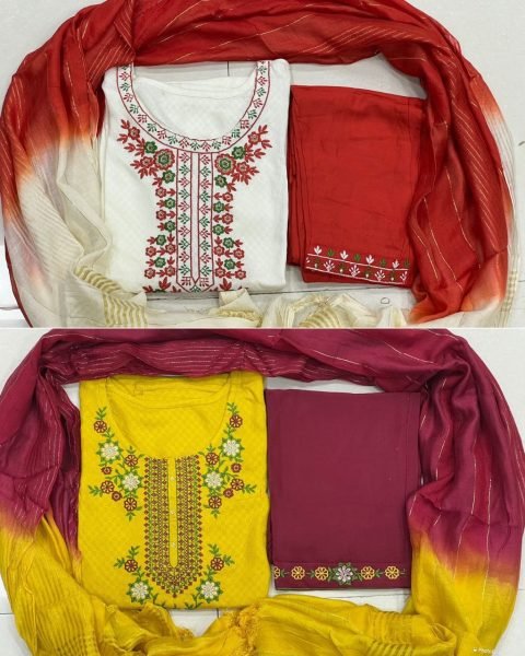 Designer Viscose Dobby With Embroidery Work Kurti Set  3 Piece Kurti Set