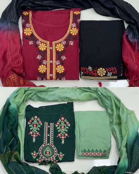 Designer Viscose Dobby With Embroidery Work Kurti Set  3 Piece Kurti Set