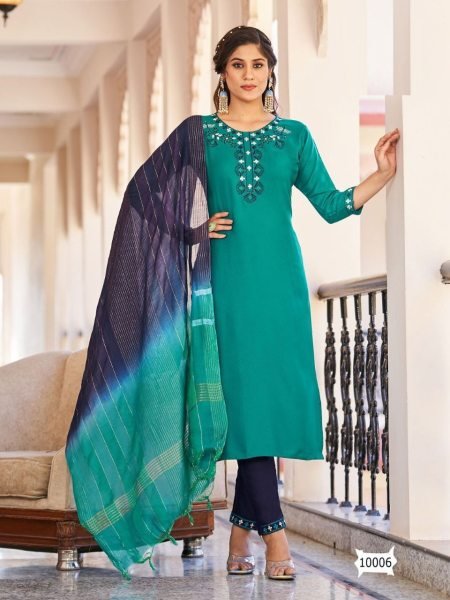 Designer Viscose Dobby With Embroidery Work Kurti Set  3 Piece Kurti Set