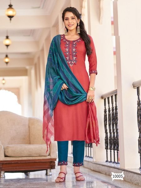 Designer Viscose Dobby With Embroidery Work Kurti Set  3 Piece Kurti Set