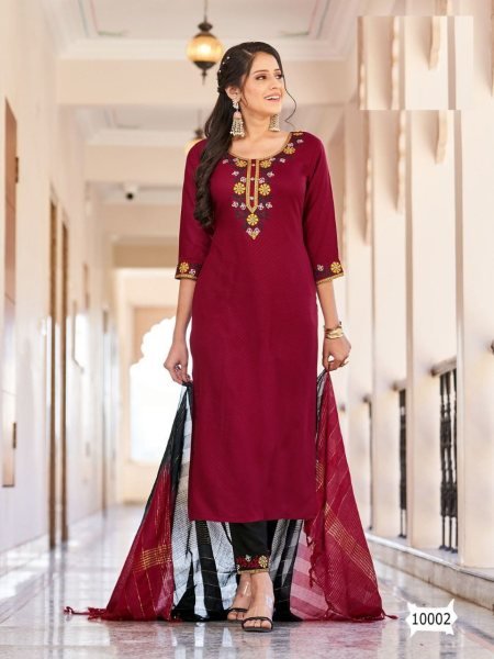 Designer Viscose Dobby With Embroidery Work Kurti Set  3 Piece Kurti Set
