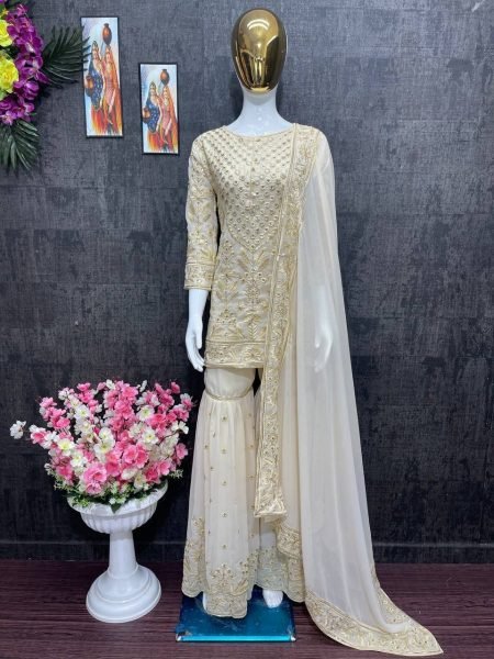 Designer White Heavy Georgette Partywear Kurta Sharara set Ready To Wear Collection