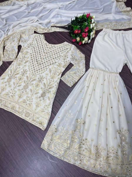 Designer White Heavy Georgette Partywear Kurta Sharara set Ready To Wear Collection