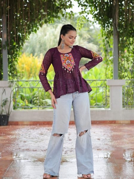 Designer Wine Schiffli Top with Real Mirror Gamthi Patch Best Festive Look  