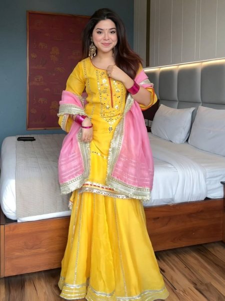 Designer Yellow Chinon Silk Kurti Sharara Set by RoyalExport Heavy Sequins Embroidered Kurti with Zimmy Chu Dupatta Ready to Wear Suit 