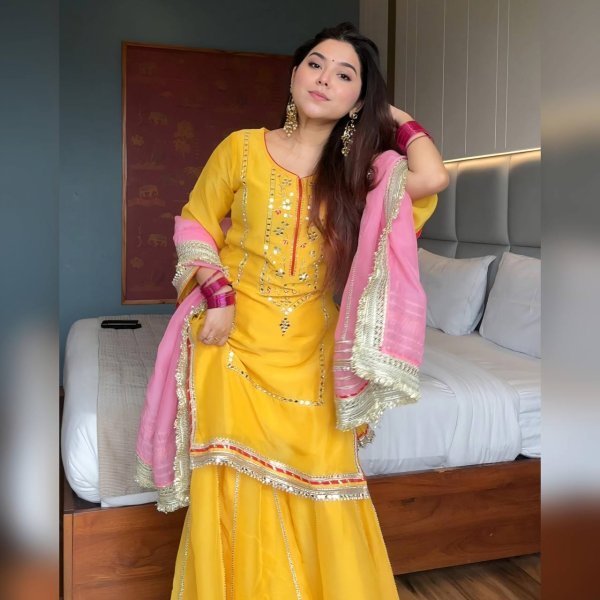 Designer Yellow Chinon Silk Kurti Sharara Set by RoyalExport Heavy Sequins Embroidered Kurti with Zimmy Chu Dupatta Ready to Wear Suit Ready To Wear Collection