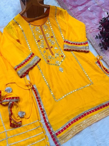 Designer Yellow Chinon Silk Kurti Sharara Set by RoyalExport Heavy Sequins Embroidered Kurti with Zimmy Chu Dupatta Ready to Wear Suit Ready To Wear Collection