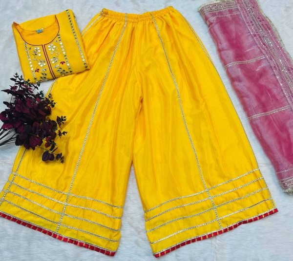 Designer Yellow Chinon Silk Kurti Sharara Set by RoyalExport Heavy Sequins Embroidered Kurti with Zimmy Chu Dupatta Ready to Wear Suit Ready To Wear Collection