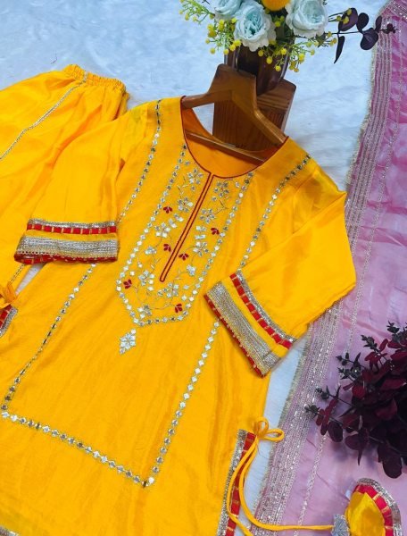Designer Yellow Chinon Silk Kurti Sharara Set by RoyalExport Heavy Sequins Embroidered Kurti with Zimmy Chu Dupatta Ready to Wear Suit Ready To Wear Collection