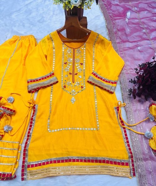 Designer Yellow Chinon Silk Kurti Sharara Set by RoyalExport Heavy Sequins Embroidered Kurti with Zimmy Chu Dupatta Ready to Wear Suit Ready To Wear Collection