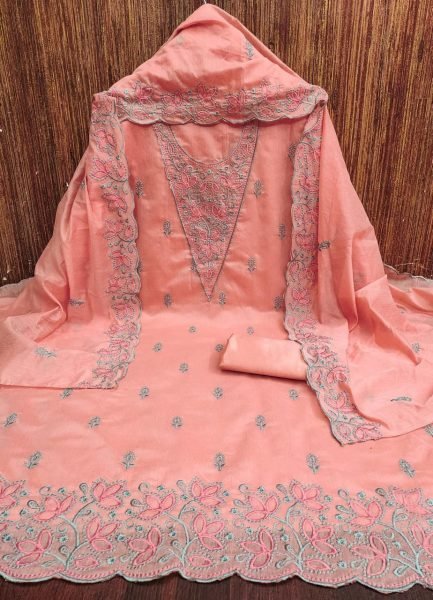 Peach Glow Chanderi Suit with Thread Work & Santoon Bottom Color Set Matching Dress Material Wholesale