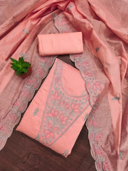 Peach Glow Chanderi Suit with Thread Work & Santoon Bottom Color Set Matching Dress Material Wholesale