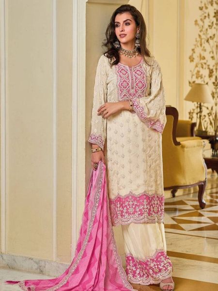 WHITE HEAVY FUAX GEORGETTE EMBROIDERED CHINE SEQUINS WORK SUIT Ready To Wear Suit