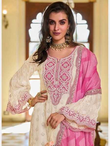 WHITE HEAVY FUAX GEORGETTE EMBROIDERED CHINE SEQUINS WORK SUIT Ready To Wear Collection