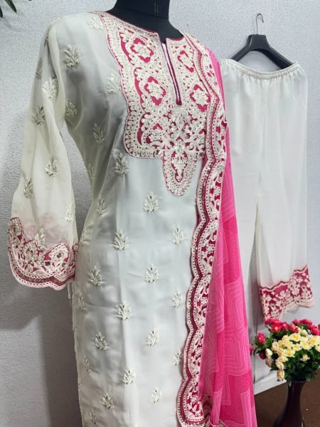 WHITE HEAVY FUAX GEORGETTE EMBROIDERED CHINE SEQUINS WORK SUIT Ready To Wear Collection