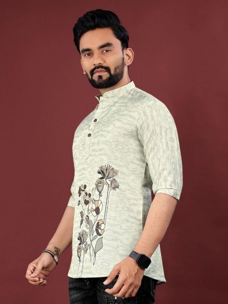 Digital Jute Cotton Kurta with Smart Collar &  Everyday Comfort Mens Short Kurta