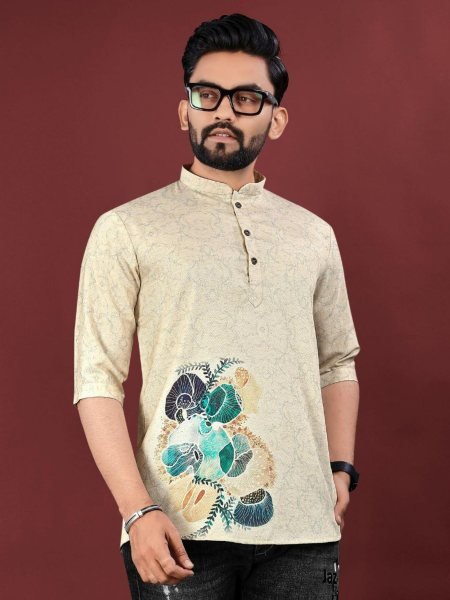 Stylish Jute Cotton Kurta for Men Printed Design with Mandarin Collar  Mens Short Kurta