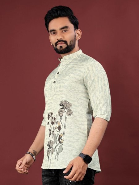 Digital Jute Cotton Kurta with Smart Collar &  Everyday Comfort Mens Short Kurta