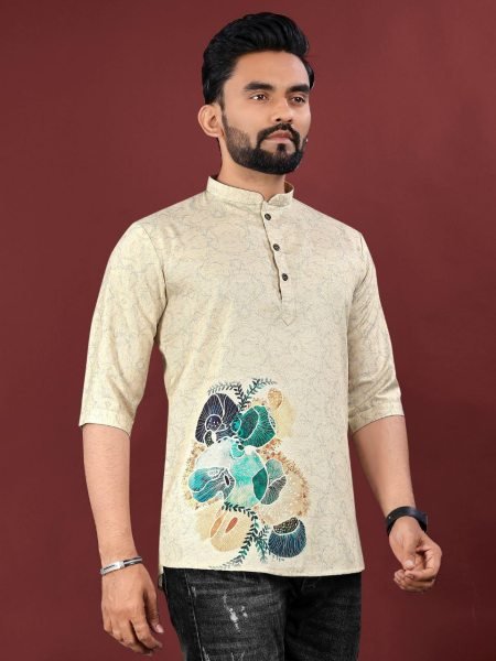 Stylish Jute Cotton Kurta for Men Printed Design with Mandarin Collar  Mens Short Kurta