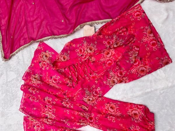 Digital  Pink Floral Printed Georgette Sharara Set Designer Wedding Wear Ready To Wear Collection