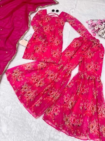 Digital  Pink Floral Printed Georgette Sharara Set Designer Wedding Wear Ready To Wear Collection