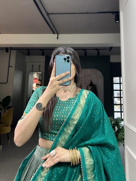 Digital Printed Tussar Silk Half Saree Lehenga in Dusty Green  Half Saree Lehenga