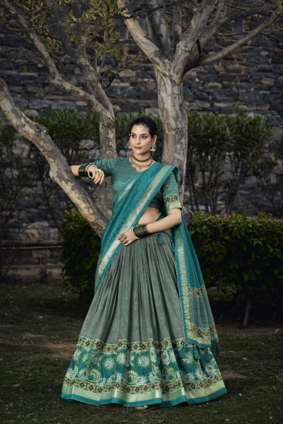 Digital Printed Tussar Silk Half Saree Lehenga in Dusty Green  Half Saree Lehenga