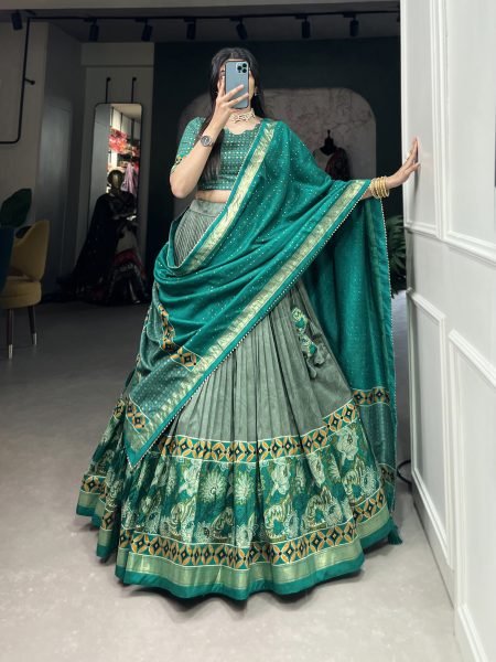 Digital Printed Tussar Silk Half Saree Lehenga in Dusty Green  Half Saree Lehenga