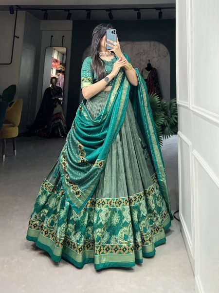 Digital Printed Tussar Silk Half Saree Lehenga in Dusty Green  Half Saree Lehenga
