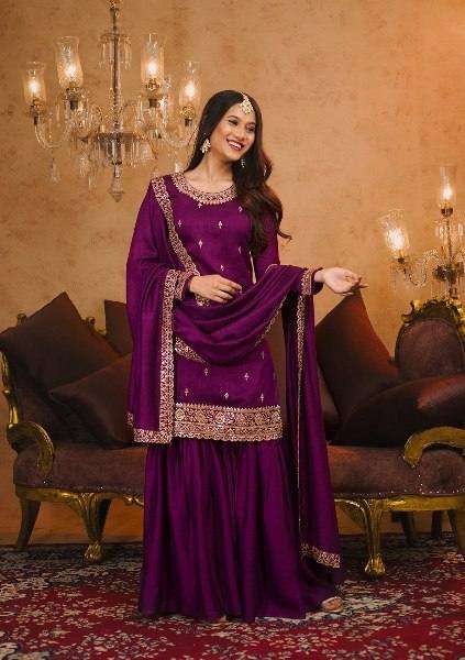 Diwali Special Purple Embroidery Sharara Set For Woman At Wholesale Rate Embroidery Kurtis 