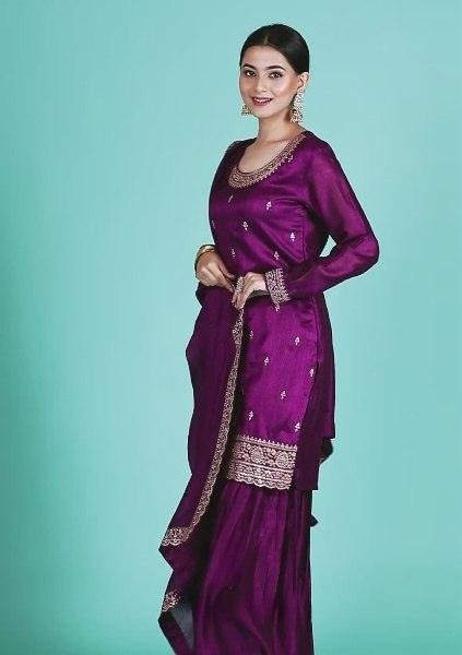Diwali Special Purple Embroidery Sharara Set For Woman At Wholesale Rate Embroidery Kurtis 