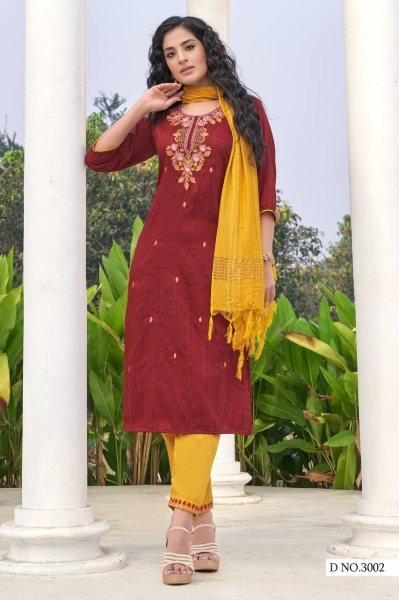 Dobby Rayon with Embroidery Work Top Pant Dupatta Set 3 Piece Kurti Set