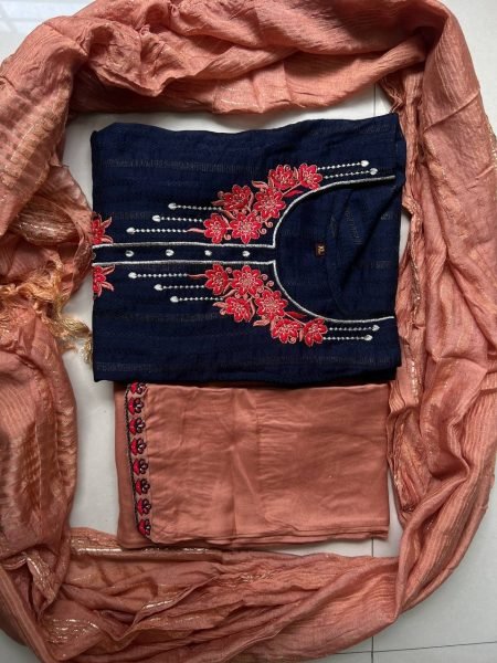 Dobby Rayon with Embroidery Work Top Pant Dupatta Set 3 Piece Kurti Set