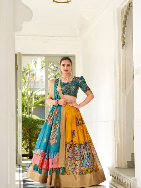 Dola Silk Weaving Border South Indian Half Saree Kalamkari Printed Lehenga 