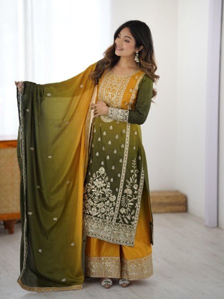 Dramatic Green Shaded Chinon Silk Coding Dori Work Suit with Plazzo And Dupatta for Festive Wear  