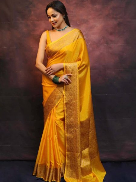  Dream Wedding Look Yellow Lichi Silk Banarasi Saree Collection Banarasi Saree Wholesale