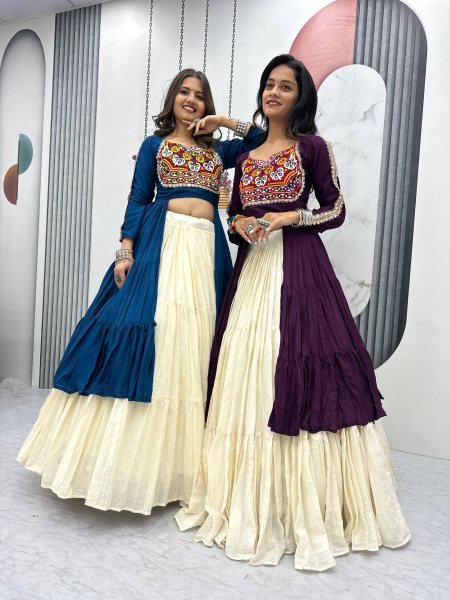 Dual Tone Cotton Mirror Work Lehenga Choli Set Elegant Navratri Outfit for International Buyers Navratri Lehnega Choli