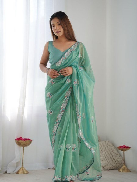 Dual Tone Gold Twill Net Saree with Multicolor Embroidery Exclusive Party Wear Looks Net Sarees Wholesale