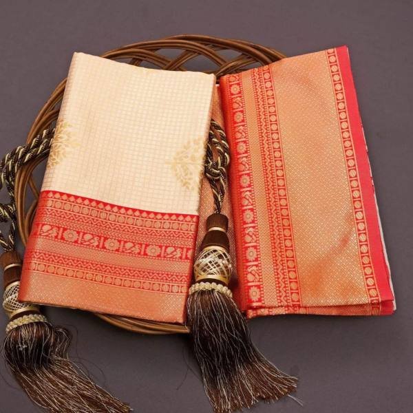 Durga Puja Cream Lichi Silk Saree with Jacquard Design And Contrast Blouse Silk Sarees Wholesale