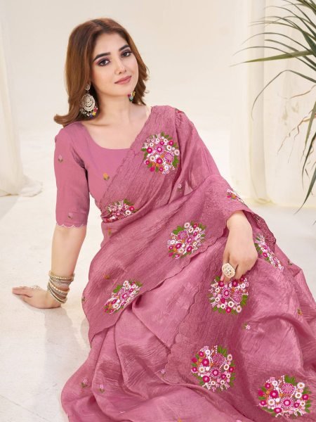 Dusty Pink Gold Crush Saree with Colorful Floral Thread Work for Festive Ready Sarees 