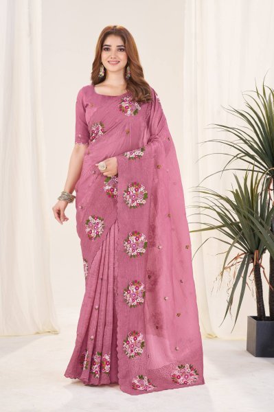 Dusty Pink Gold Crush Saree with Colorful Floral Thread Work for Festive Ready Silk Sarees Wholesale