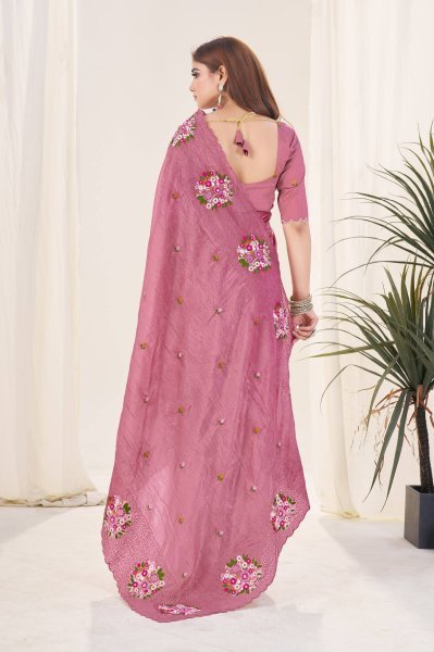 Dusty Pink Gold Crush Saree with Colorful Floral Thread Work for Festive Ready Silk Sarees Wholesale