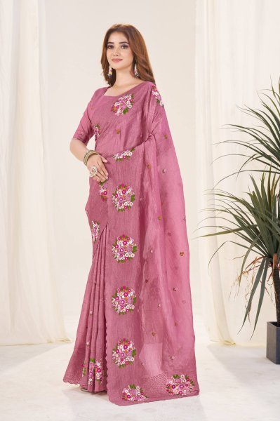Dusty Pink Gold Crush Saree with Colorful Floral Thread Work for Festive Ready Silk Sarees Wholesale