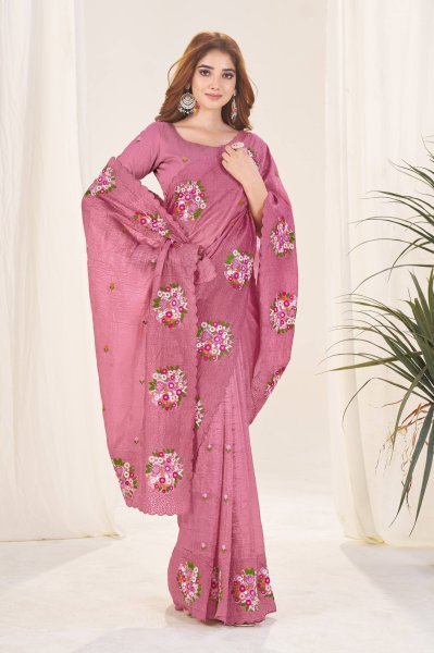 Dusty Pink Gold Crush Saree with Colorful Floral Thread Work for Festive Ready Silk Sarees Wholesale