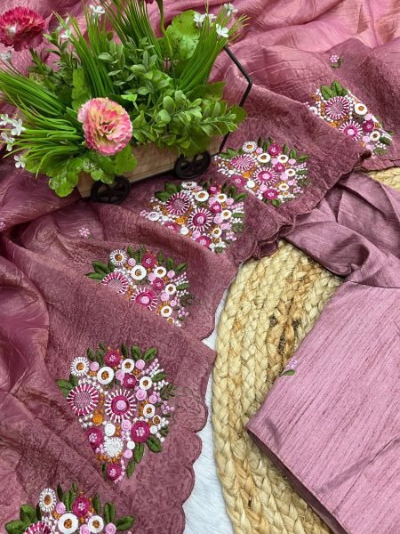 Dusty Pink Gold Crush Saree with Colorful Floral Thread Work for Festive Ready Silk Sarees Wholesale